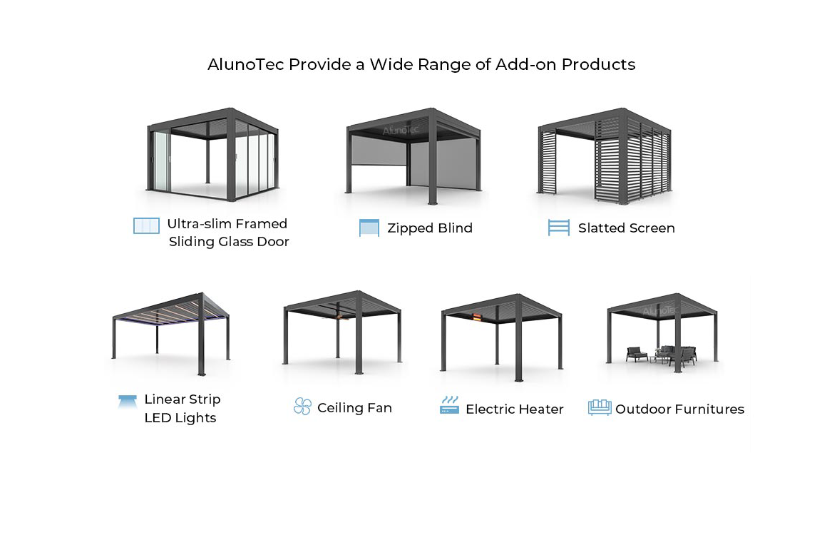 AlunoTec Pergola Add-ons: Sliding Door, Zipped Blind, LED Lights, Heaters